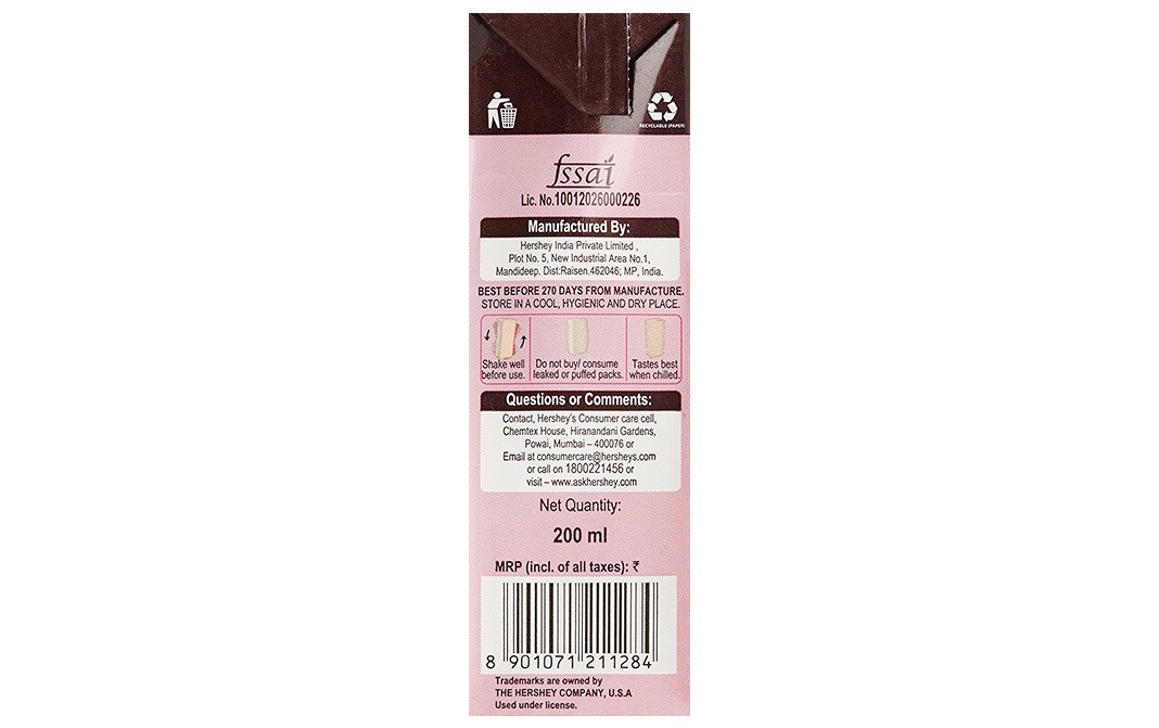 Hershey's Milk Shake Strawberry Flavour   Tetra Pack  200 millilitre